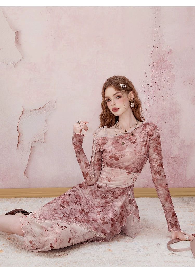 Rosa florale Langarm Midi Kleid