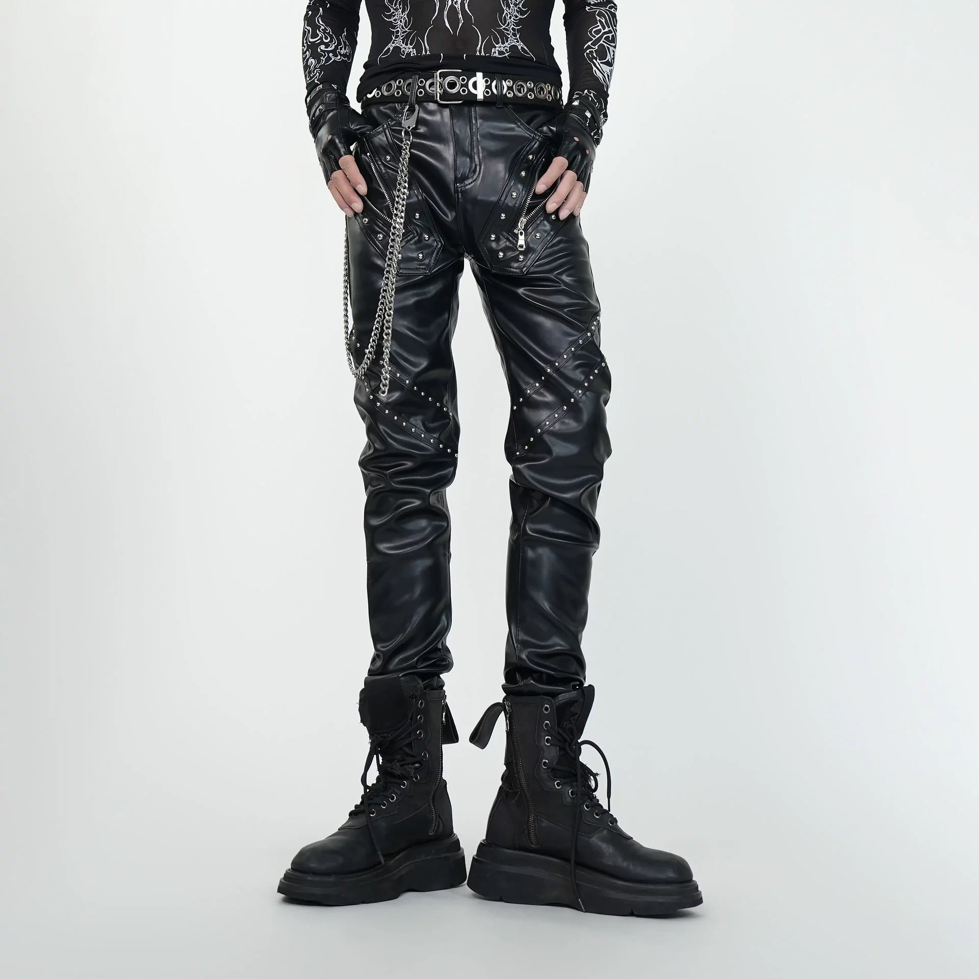 Night Raid Rivet‑Chain Leather Pants