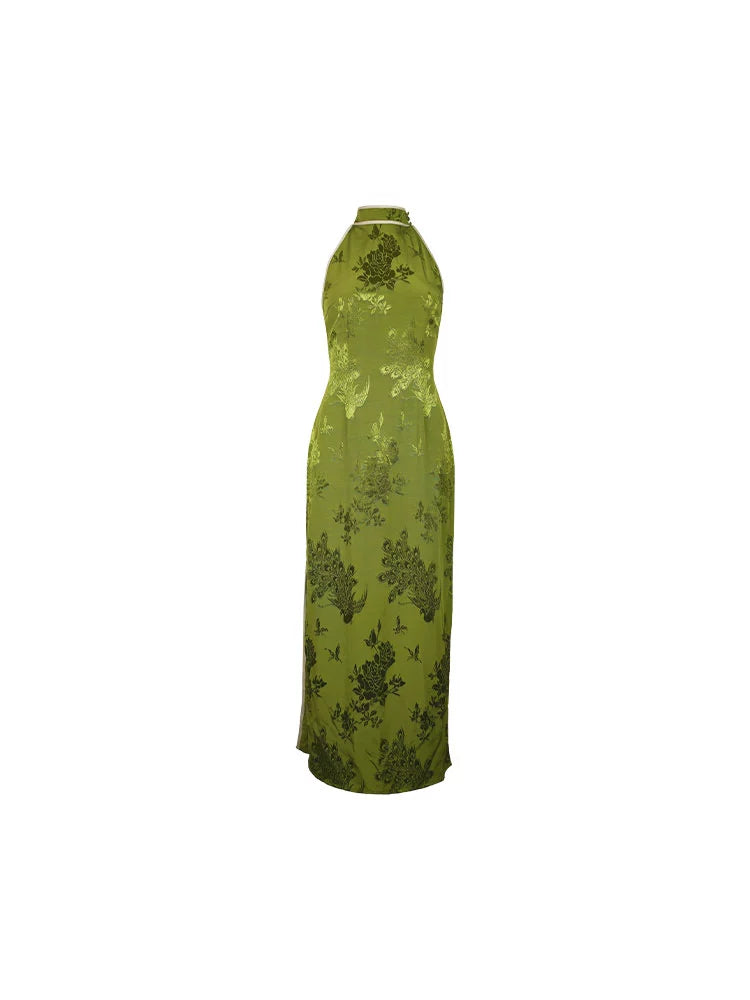 Green Floral Halter Neck Cheongsam Dress