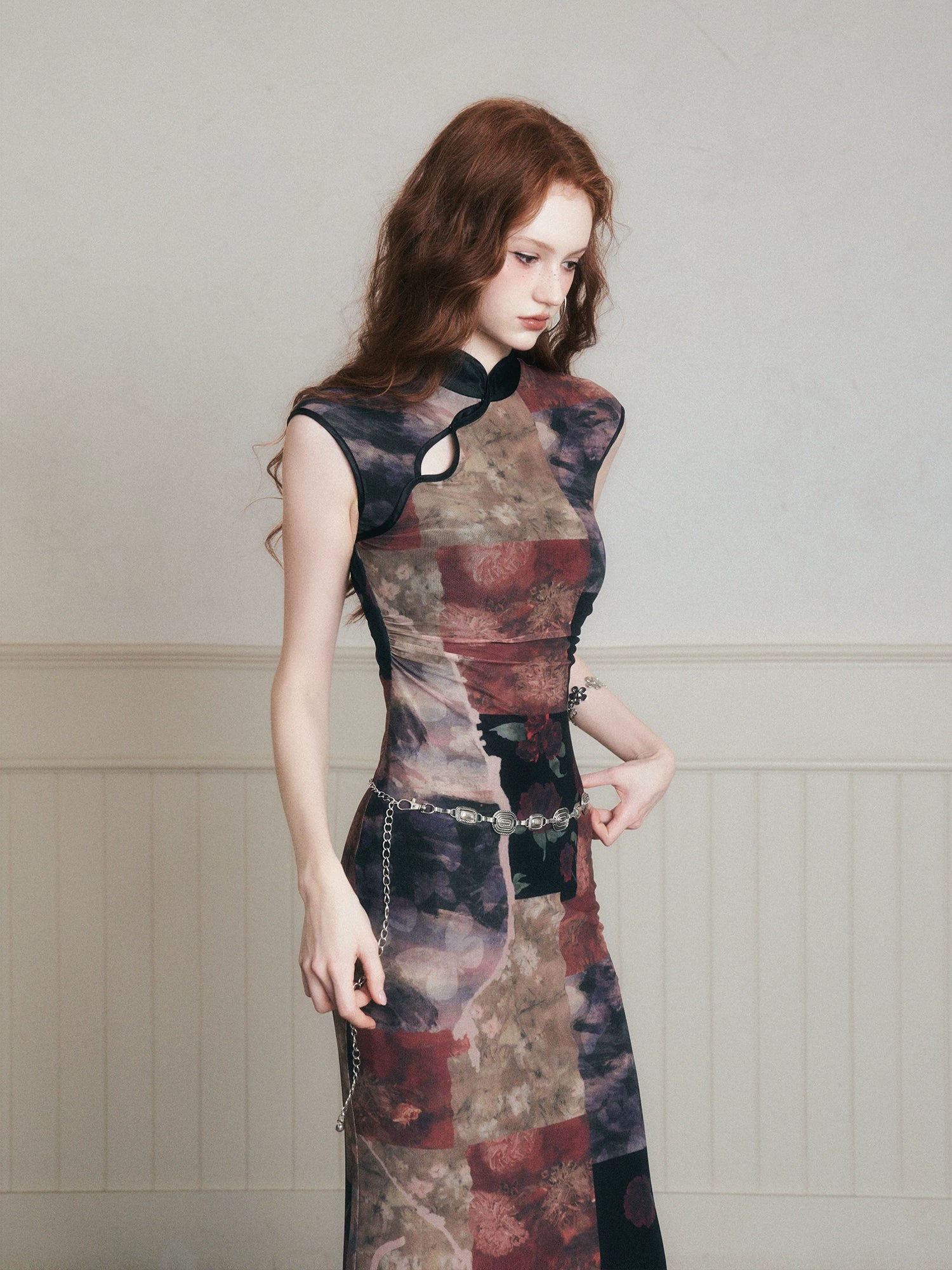 Vintage Noir Patchwork Cheongsam Maxi Dress