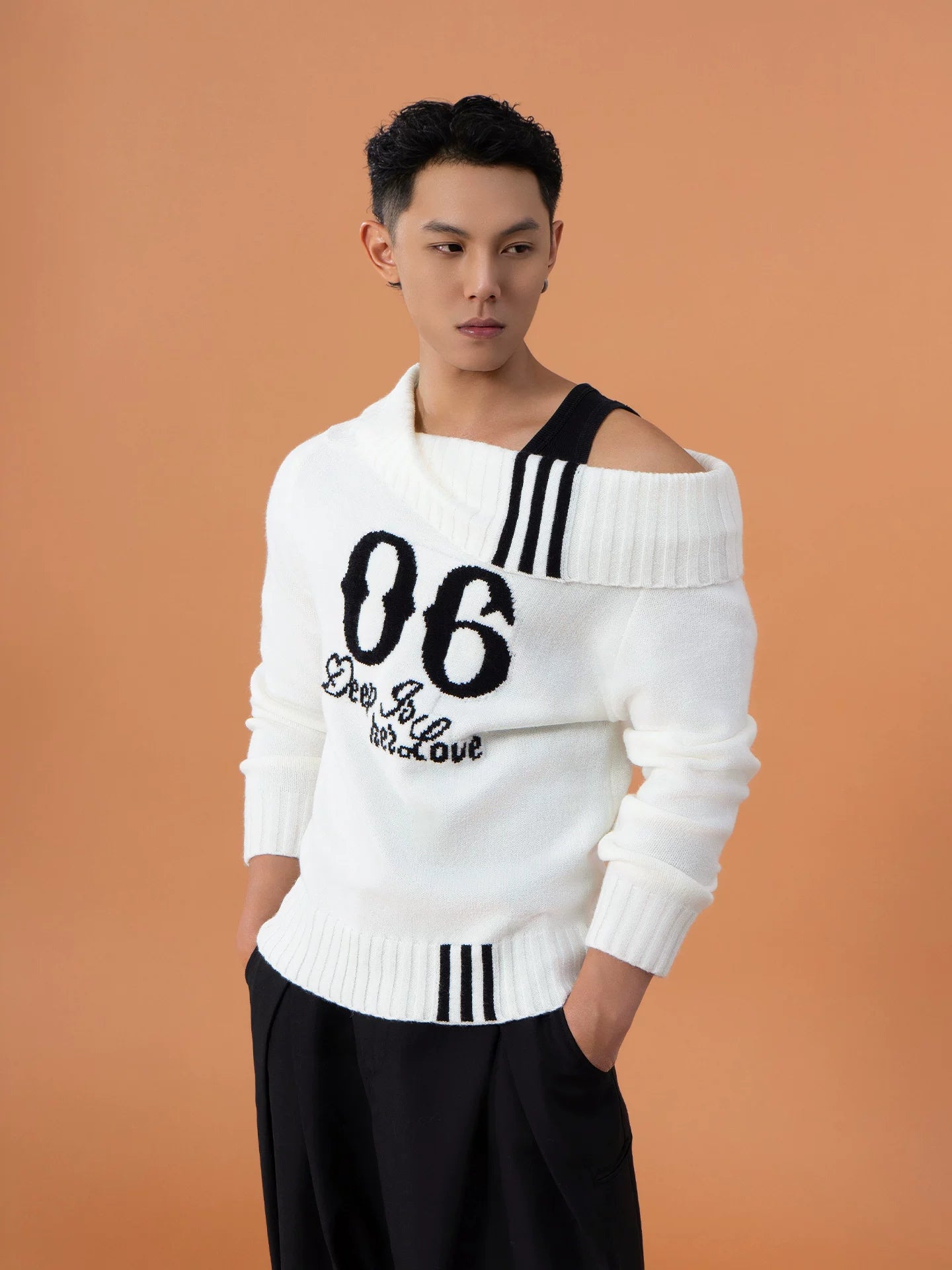 Varsity Drift Off-Shoulder Knit Pullover