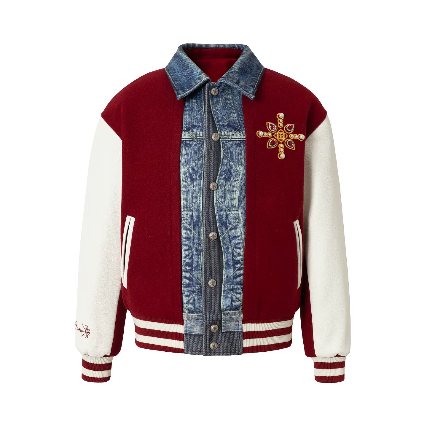 Denim Panel Embroidered Varsity Bomber Jacket