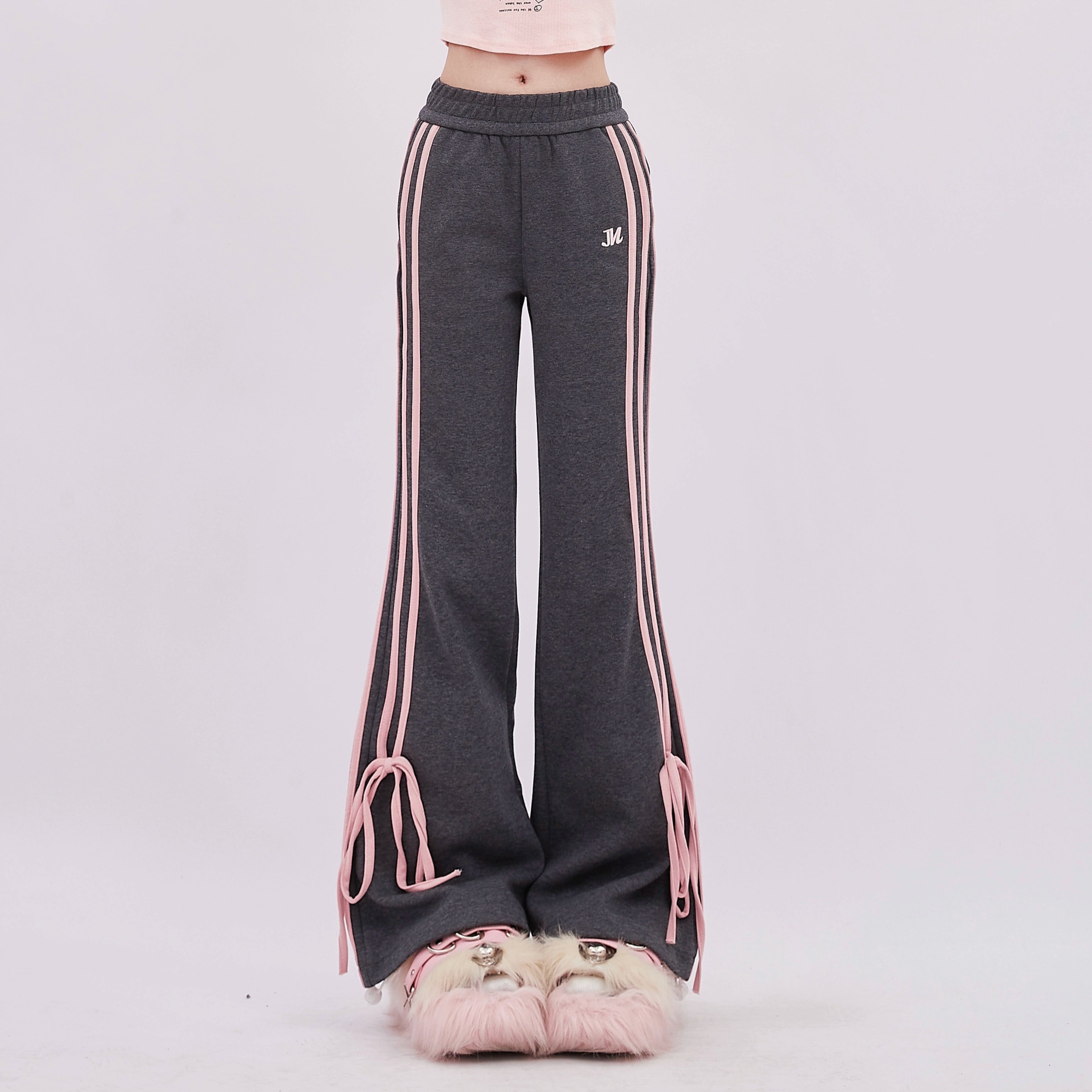 Gray Track Pants with Pink Stripes and Bow Detail