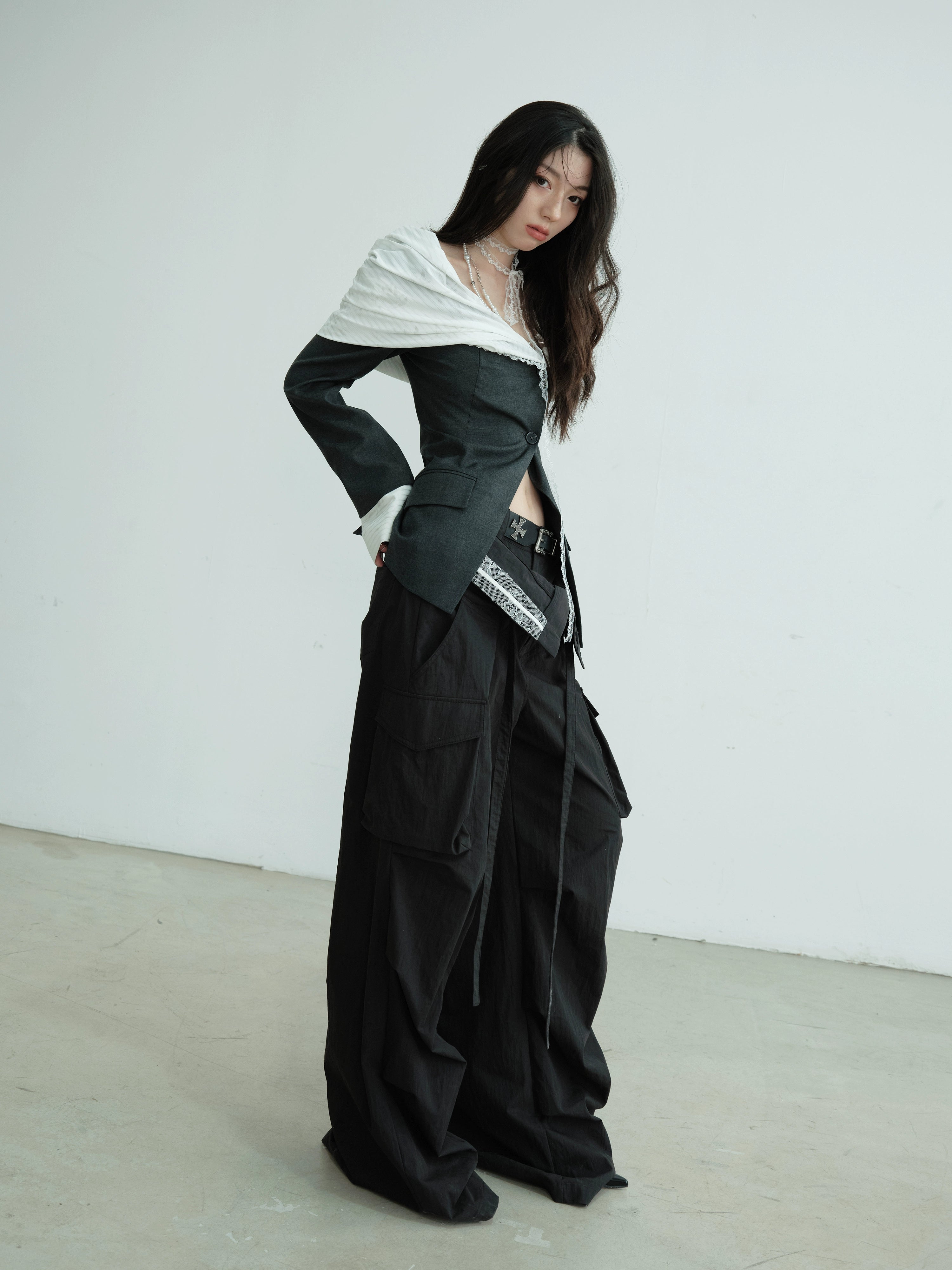Wide Leg Cargo Pants Contrast Trim