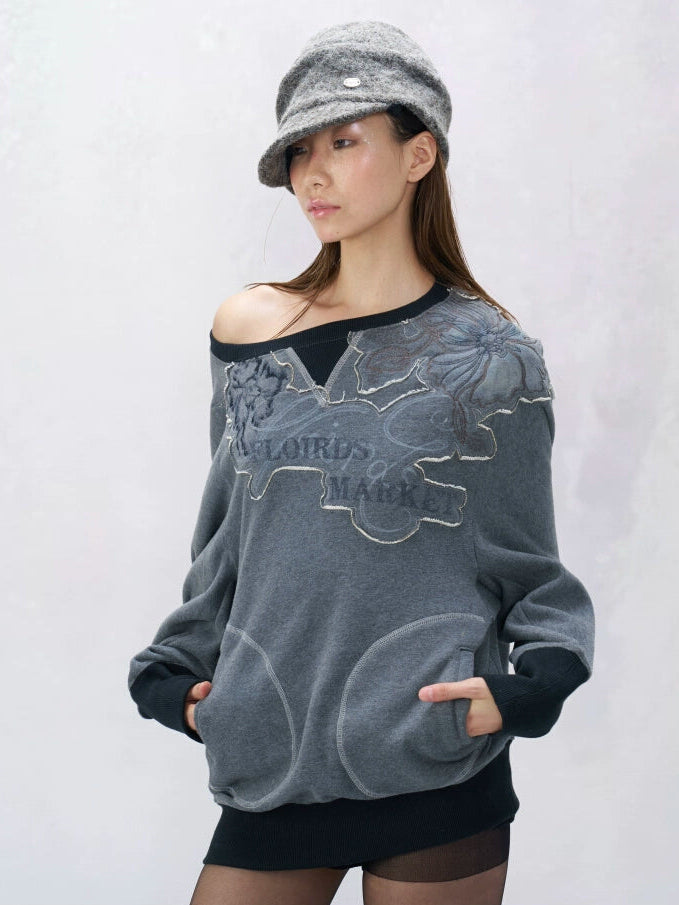 Slate Bloom Off‑Shoulder Fleece Sweatshirt