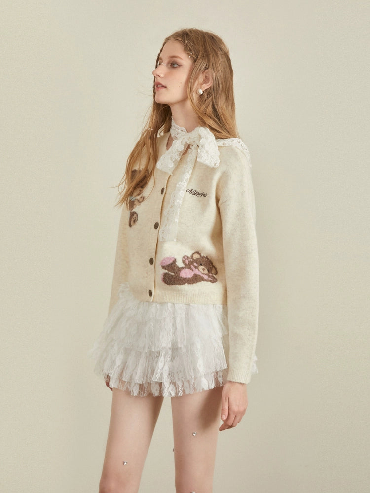 Teddy Bear Print Cropped Cardigan