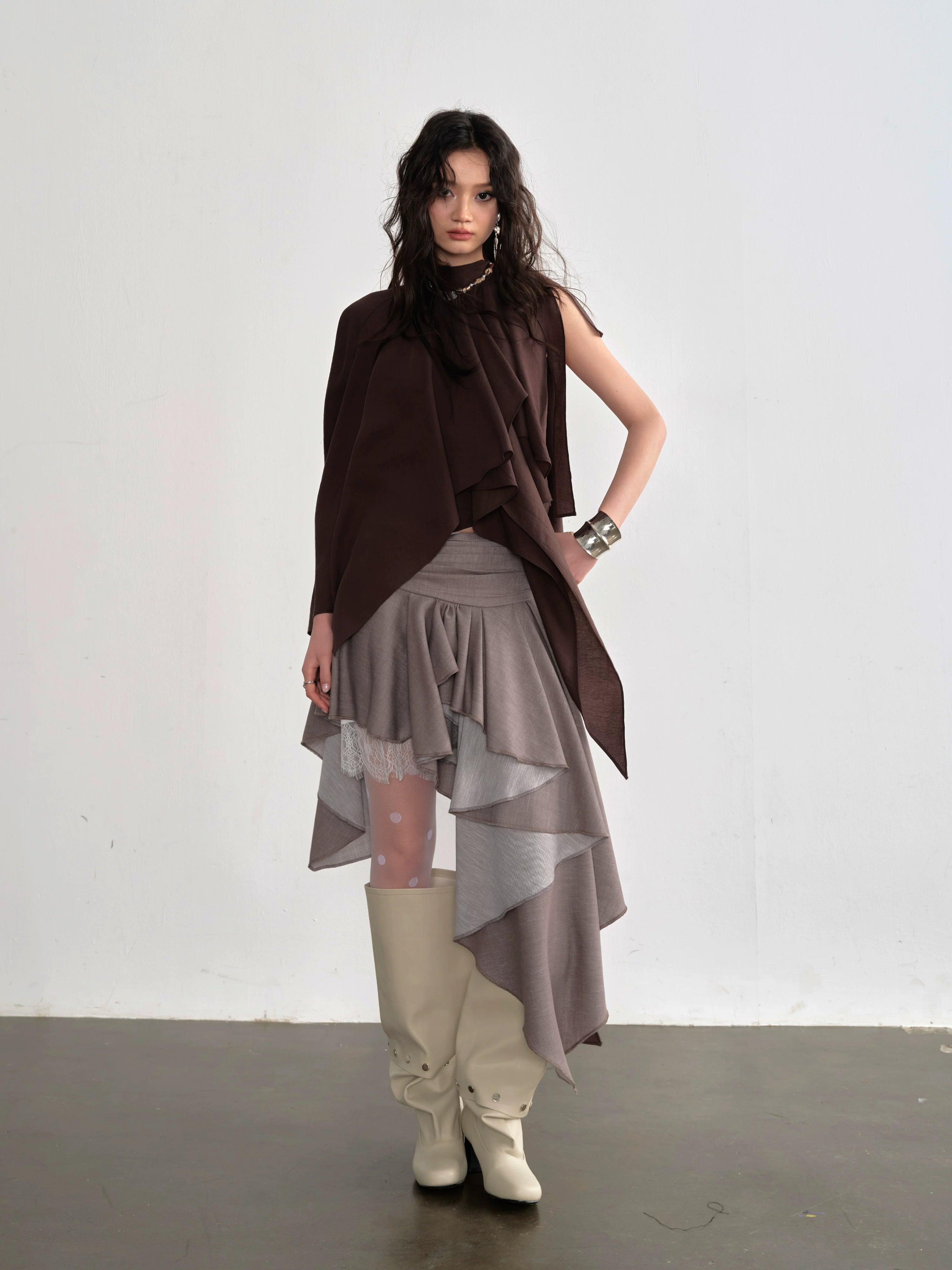 Mocha Cascade Ruffle Halter Top