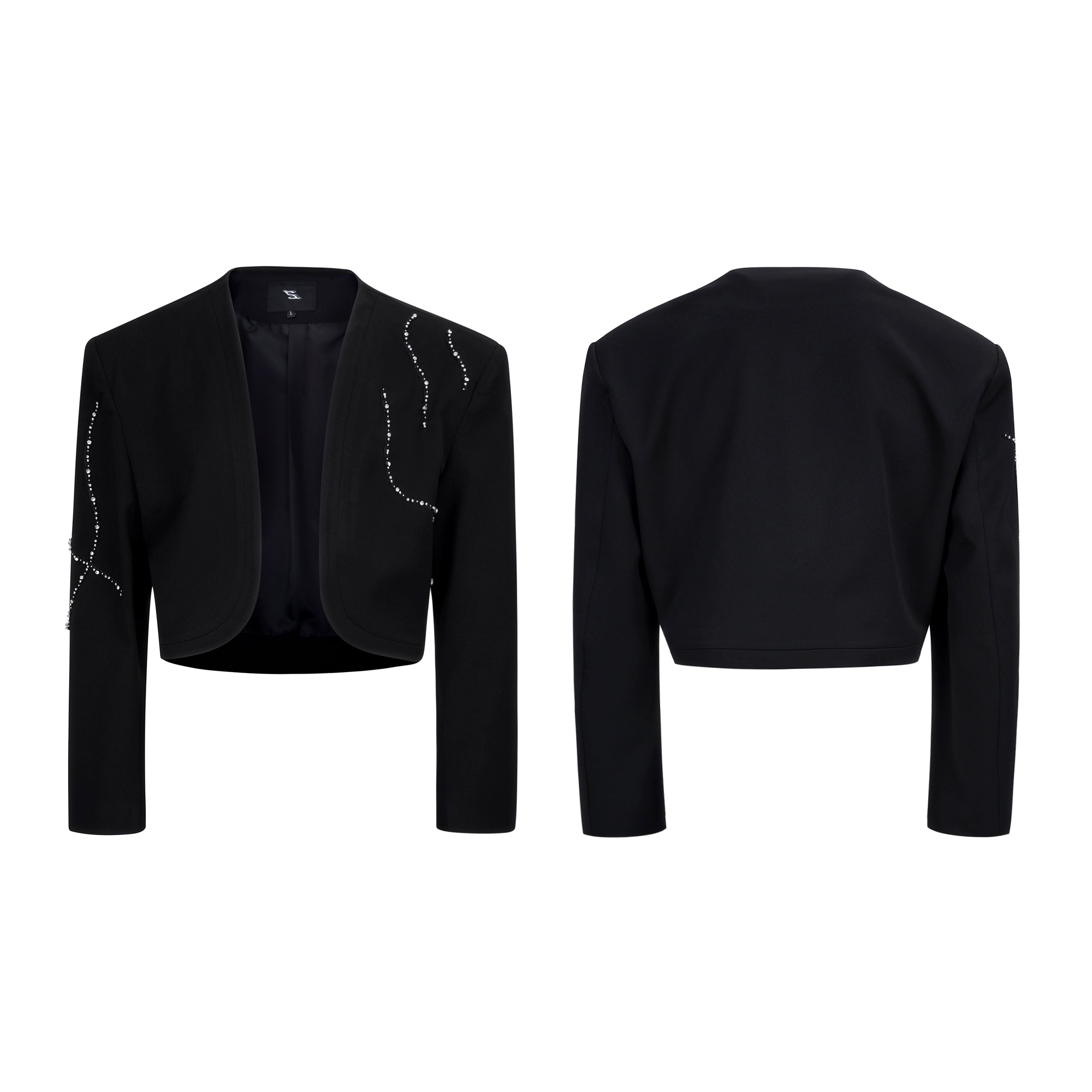 Black Cropped Blazer with Rhinestone Embellishments