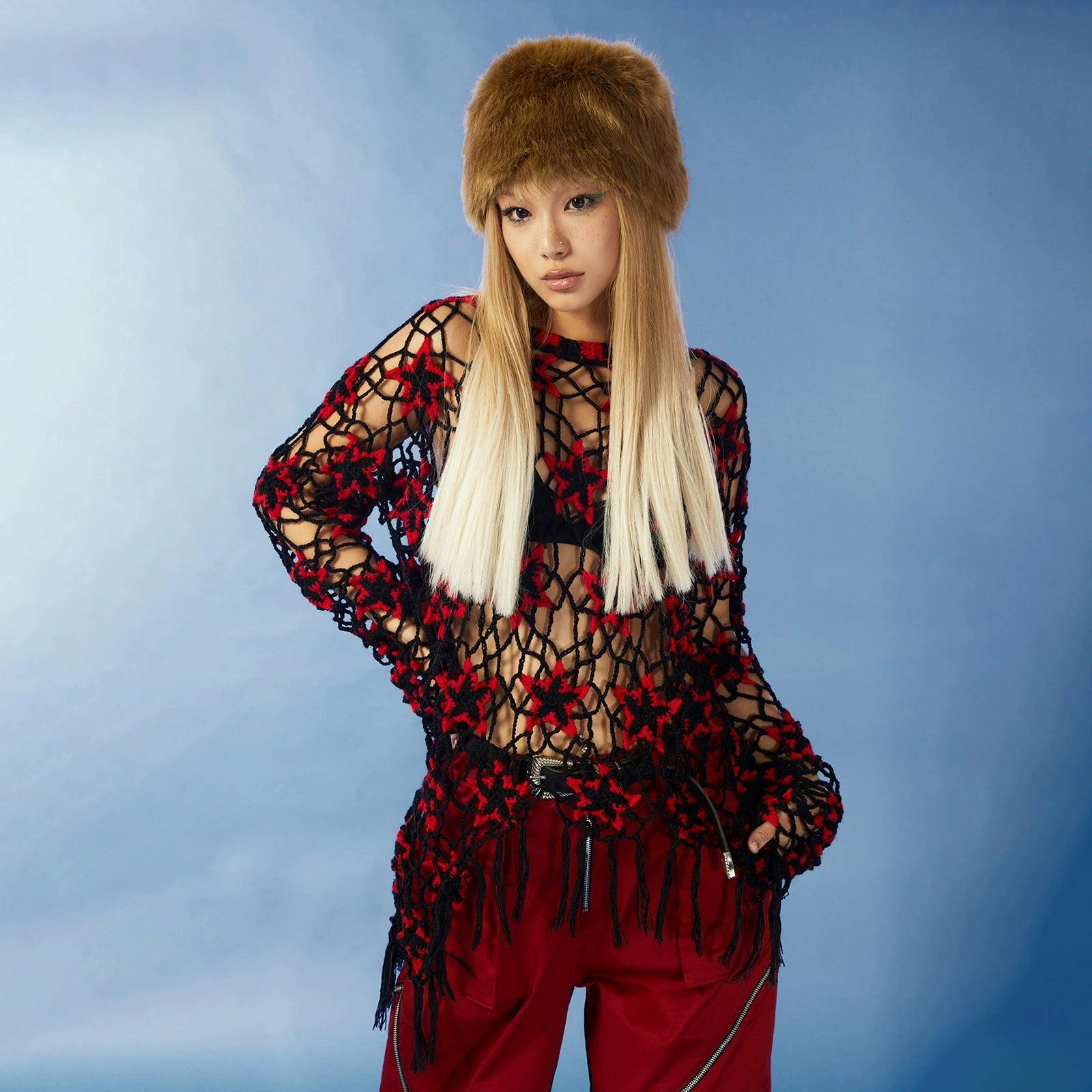 Red and Black Floral Crochet Sweater - chiclara
