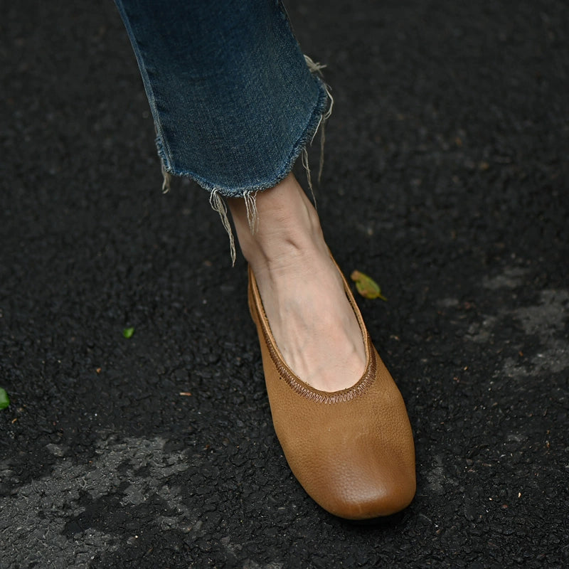 Brown Textured Leather Ballet Flat