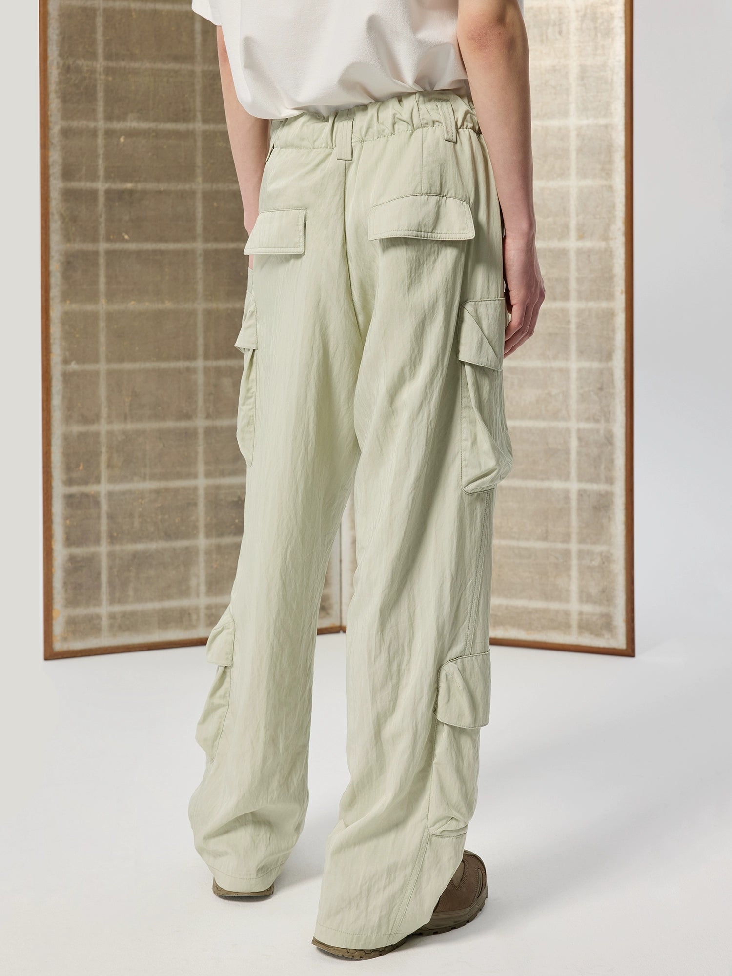 Wide-Leg Cargo Pants with Wood Bead Detail