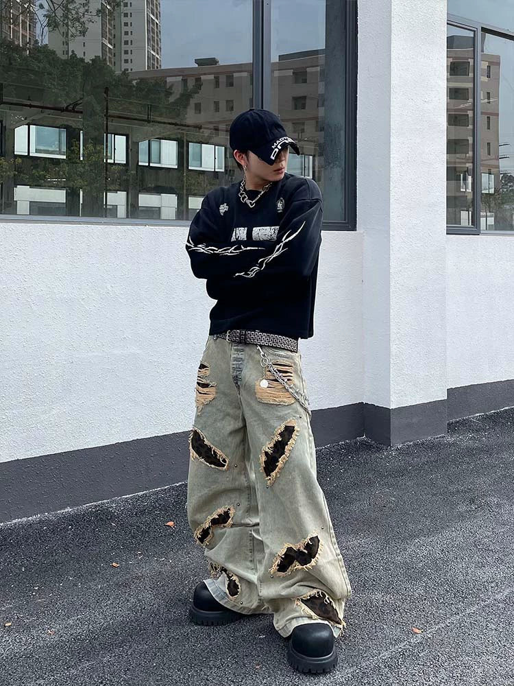 Leopard Mix Patch Destroyed Jeans