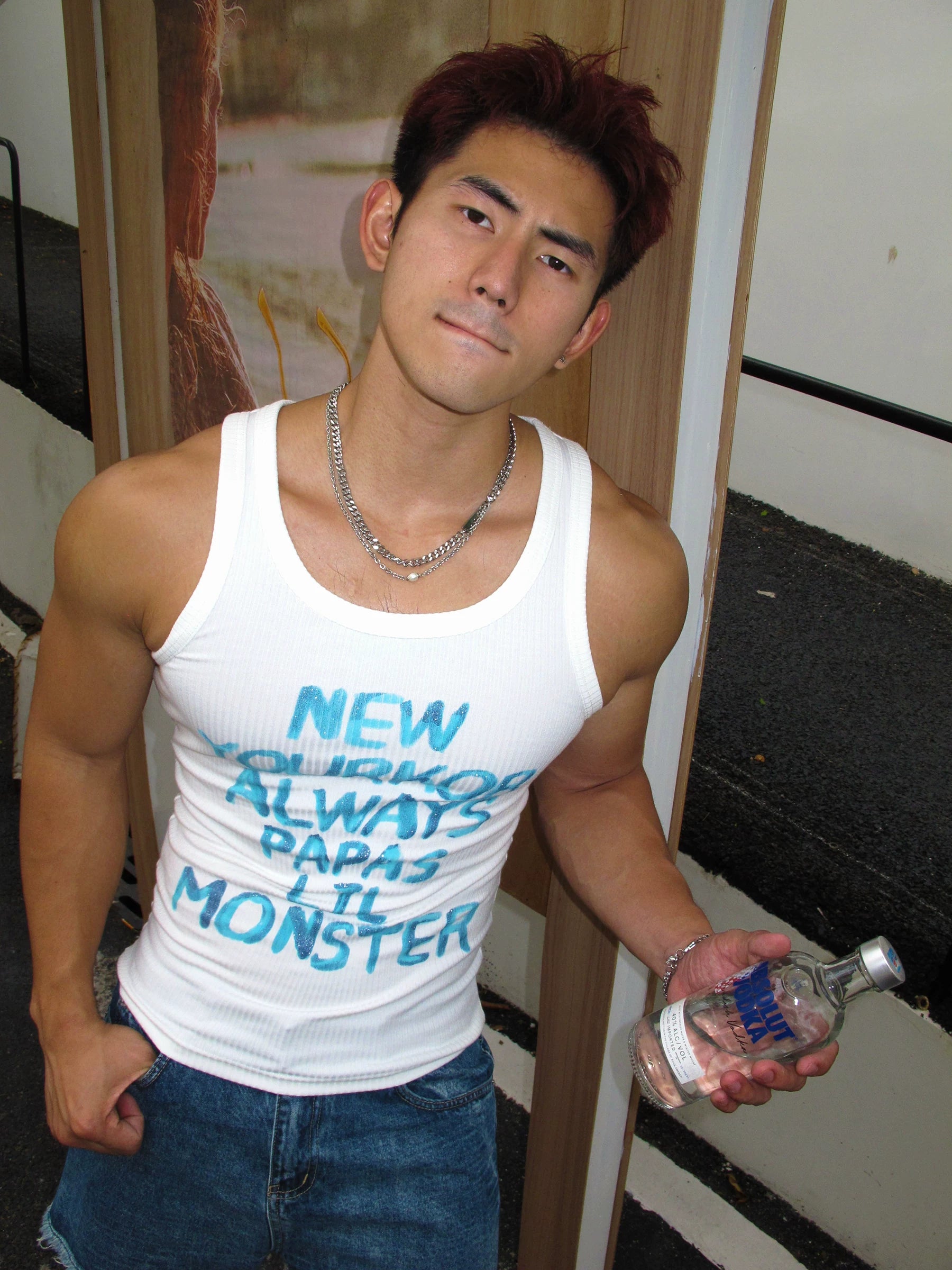 Aqua Script Ribbed Tank Top