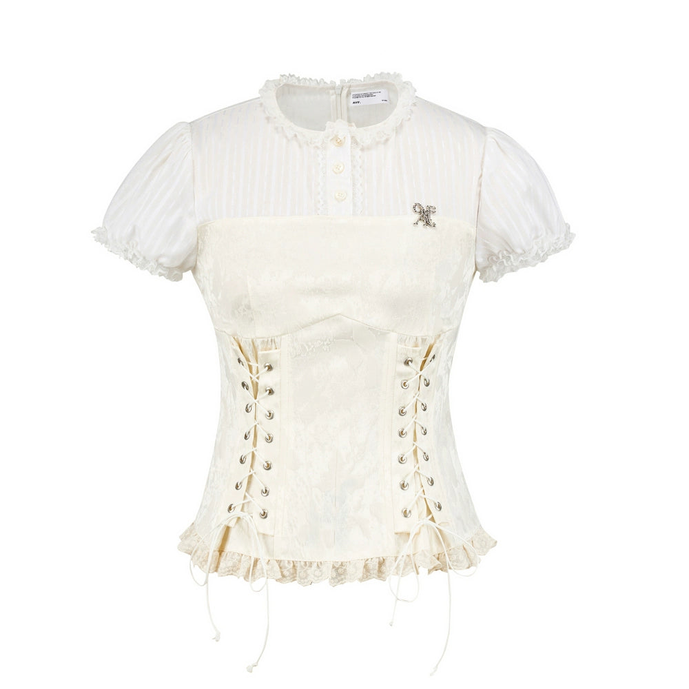 Victorian Style Corset Blouse with Puff Sleeves and Lace Trim