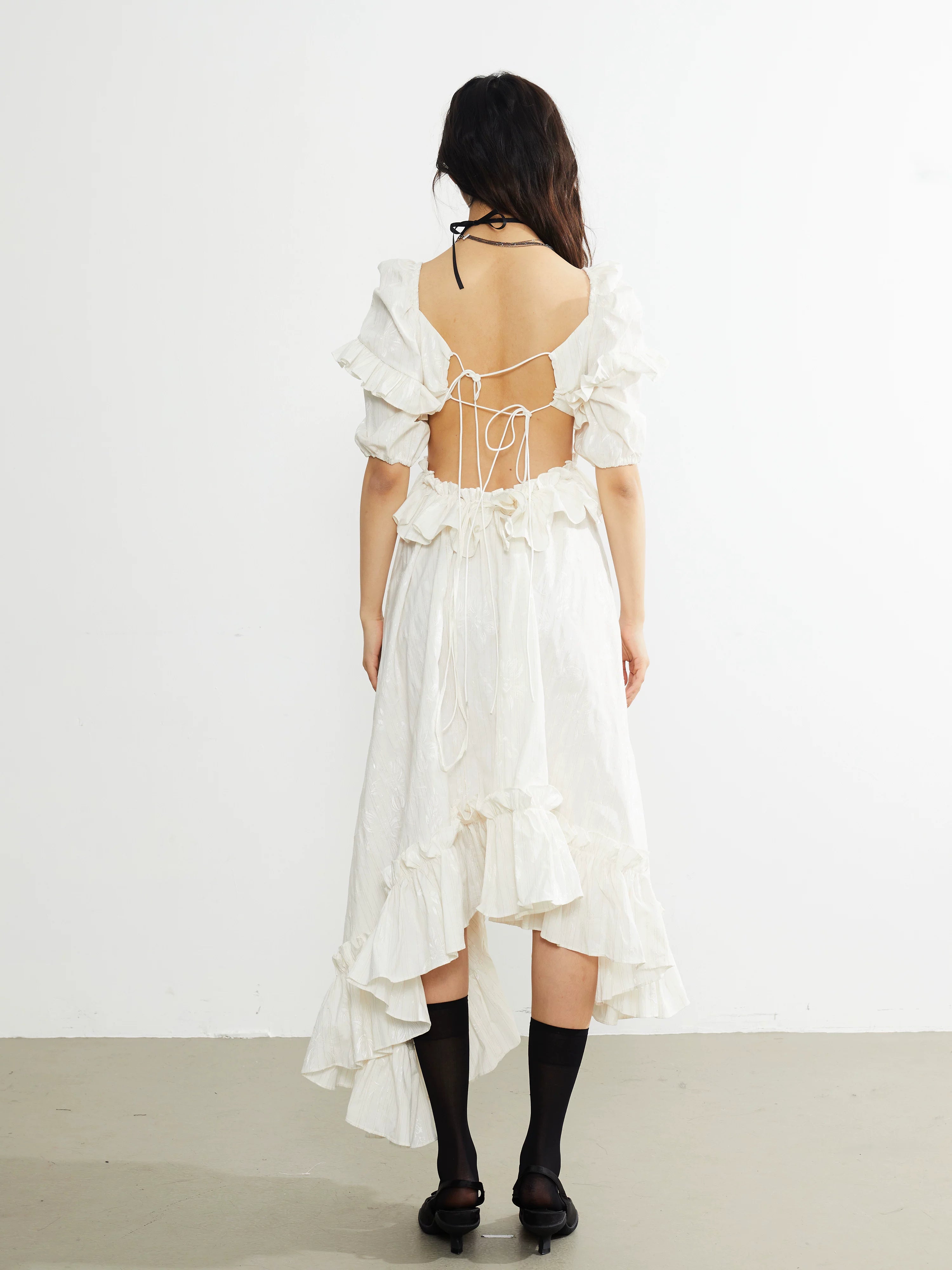 Ivory Ruffle Asymmetry Midi Dress