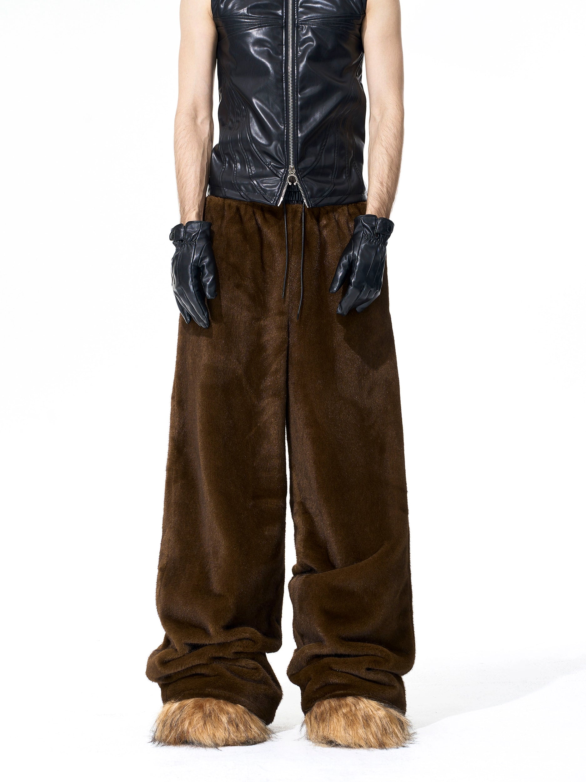 Reversible Brown Faux Fur Jacket and Wide Leg Pants Setup