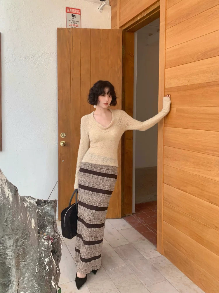 Beige and Black Striped Textured Maxi Skirt