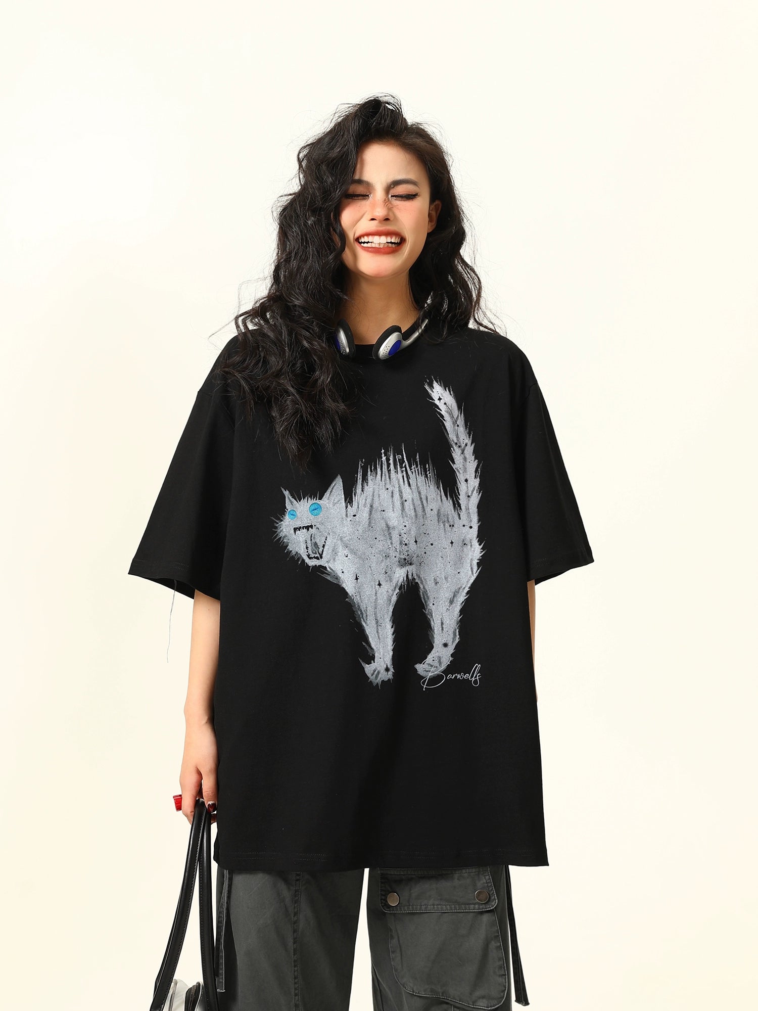 Oversized Tee with Cat Graphic