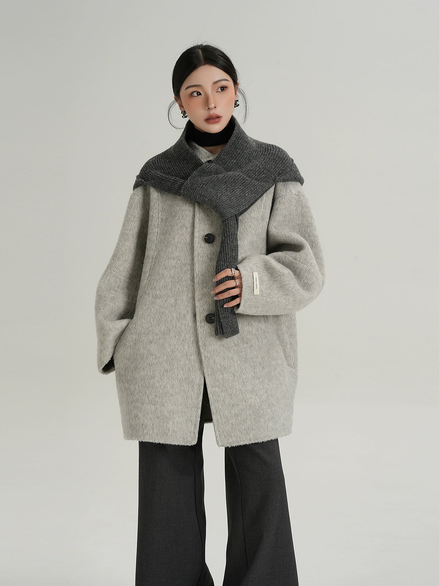 Charcoal Layered Scarf Wool Coat