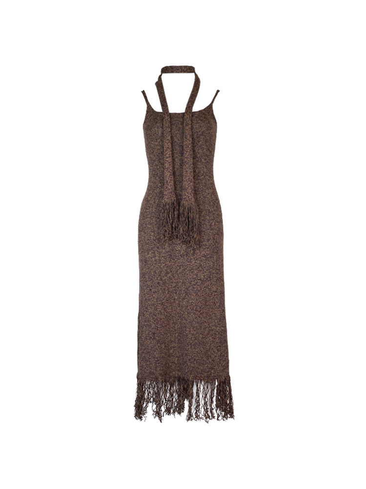 Sleeveless Knit Maxi Dress with Fringe Hem