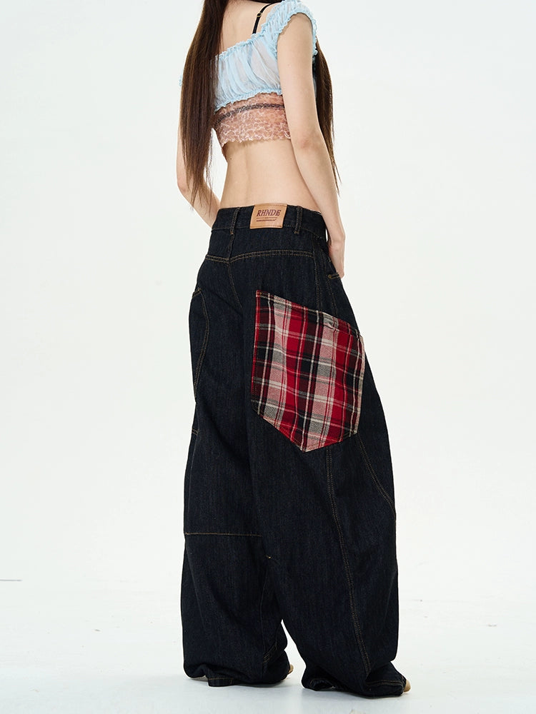 Plaid Patchwork Denim Cargo Pants