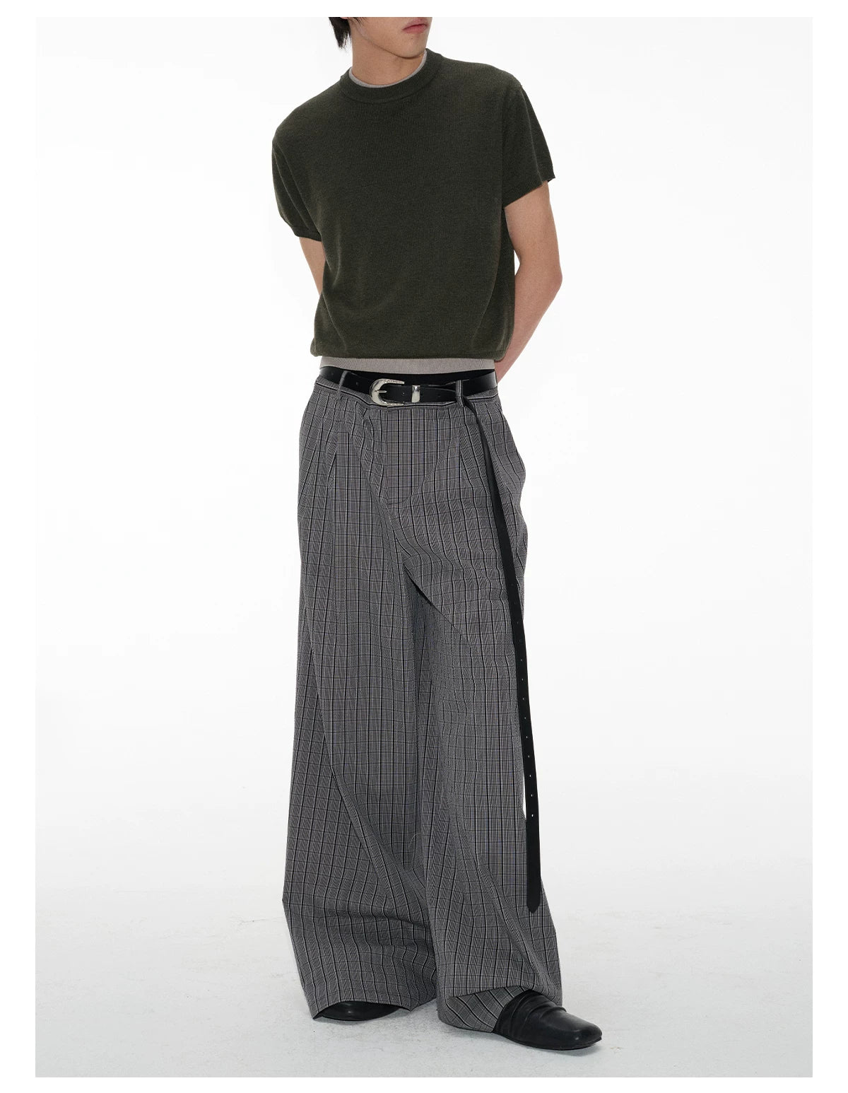 Grey Glen-Check Pleated Wide-Leg Trousers