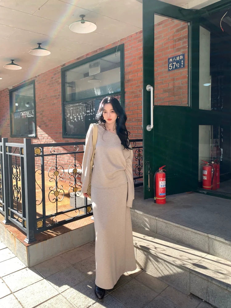 Wool Blend Long-Sleeve Top and Maxi Skirt Setup