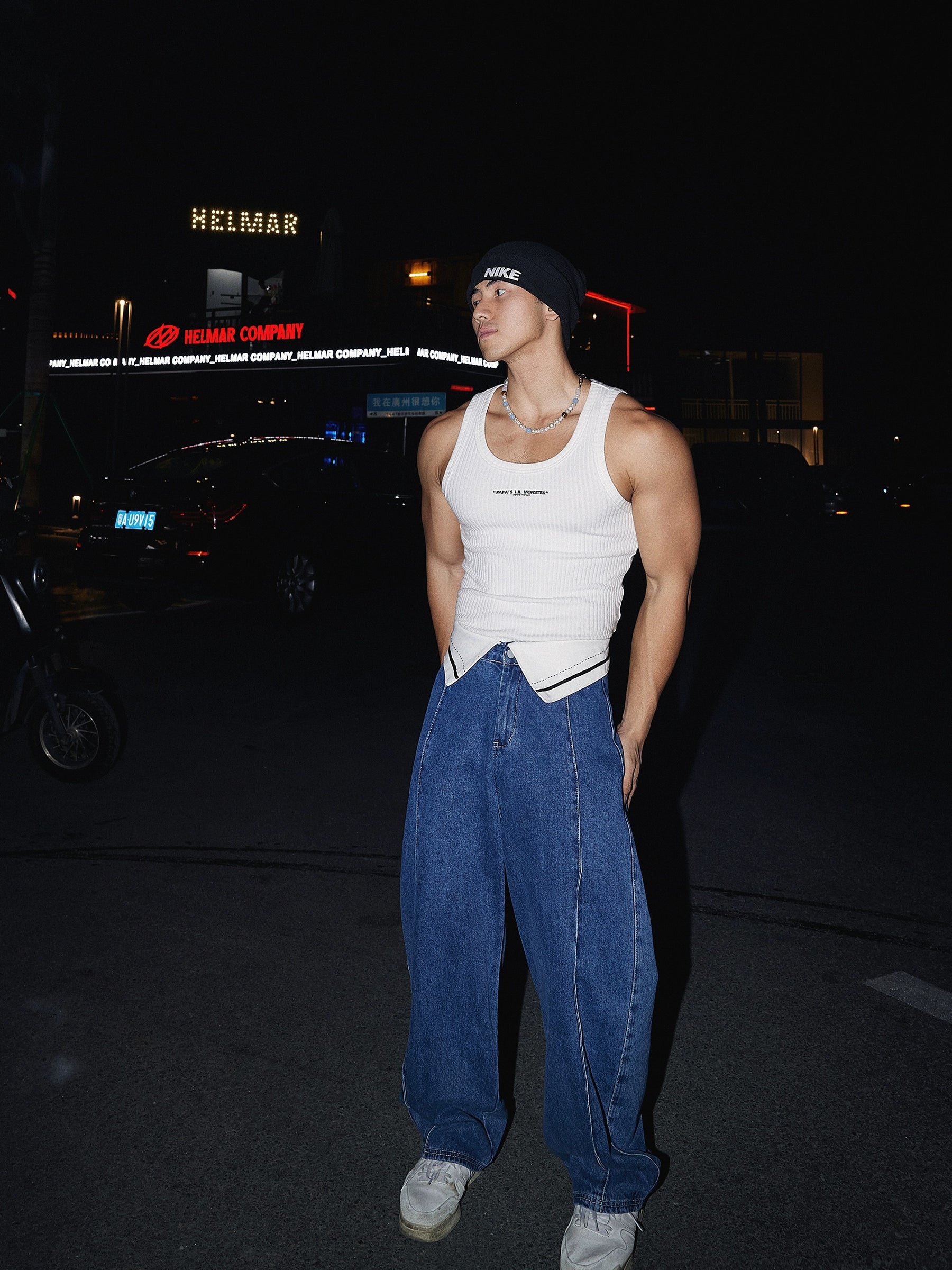 Wide-Leg Blue Jeans with Folded Waistband Detail