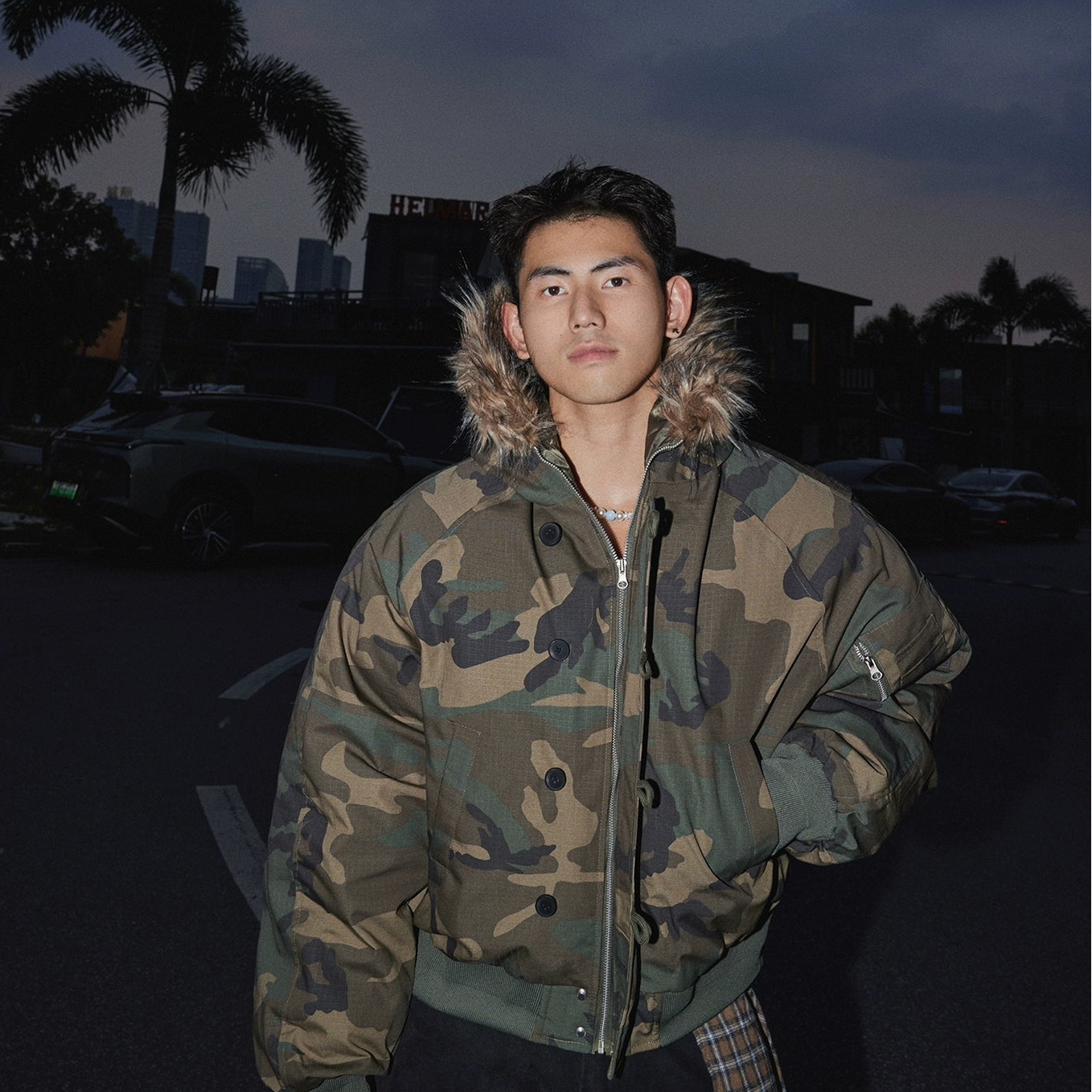 Camo Print Cropped Bomber Jacket with Faux Fur Hood