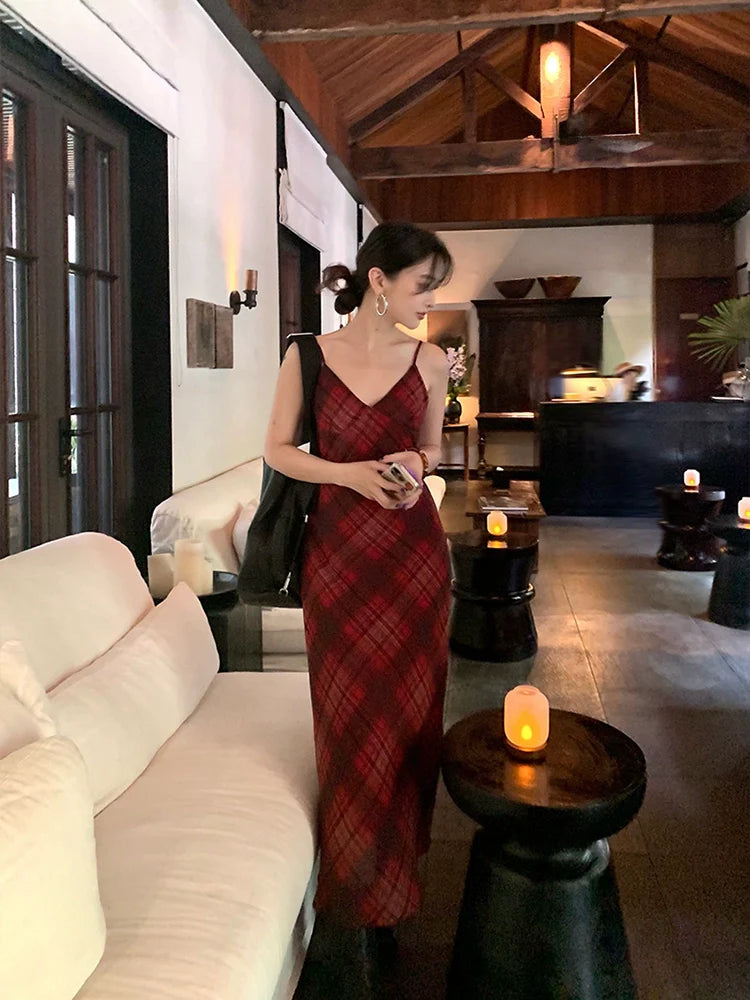 Red Plaid Spaghetti Strap Maxi Dress