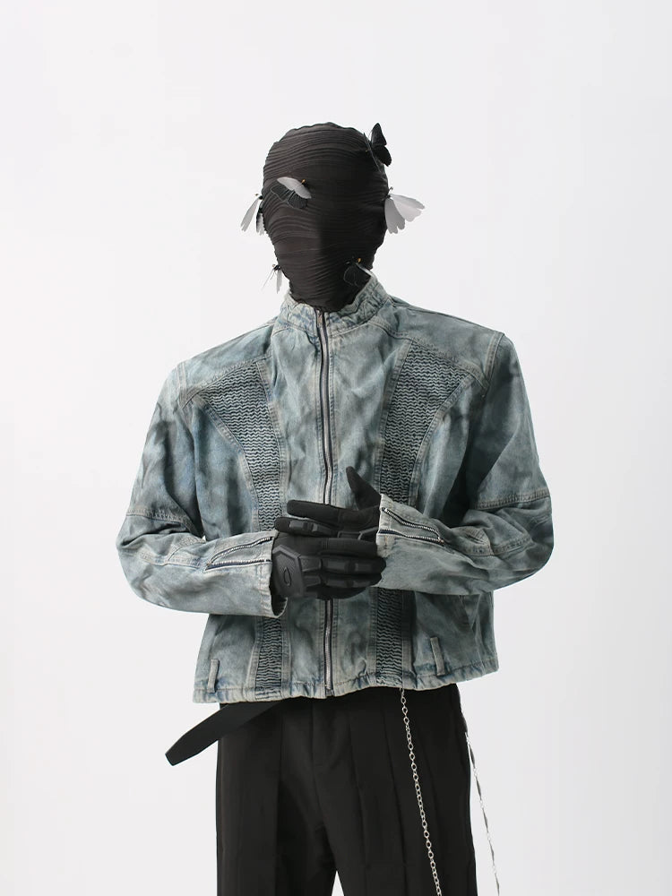 Wavedrift Textured Denim Moto Jacket