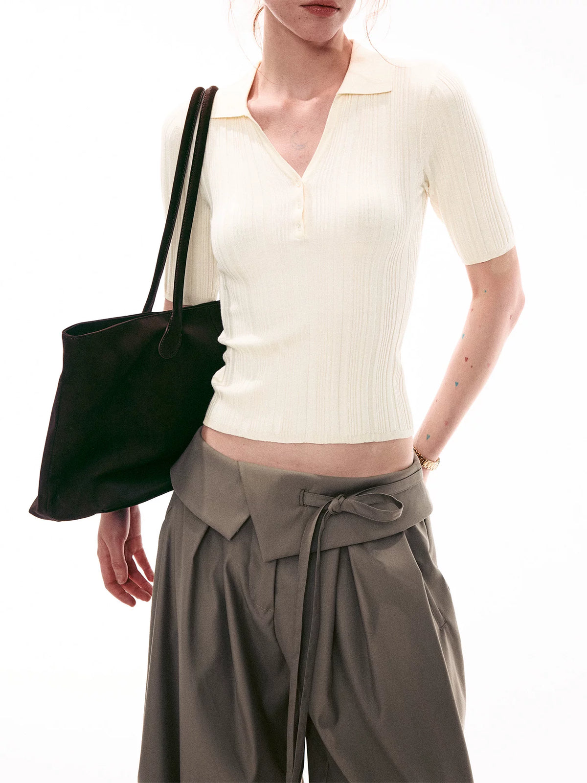 Stone Sonata Ribbed Polo Knit Top