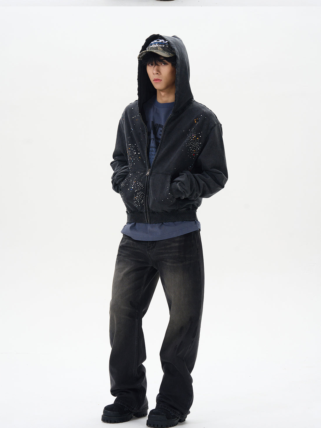 Black Distressed Zip-Up Hooded Sweatshirt