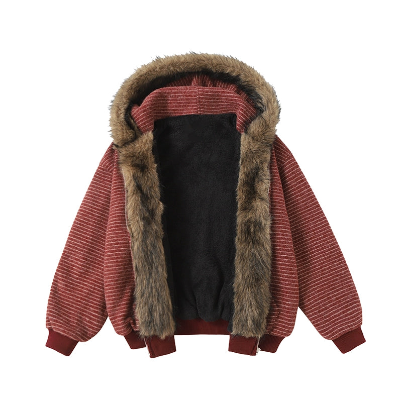 Frost Ridge Striped Faux Fur Hoodie Jacket