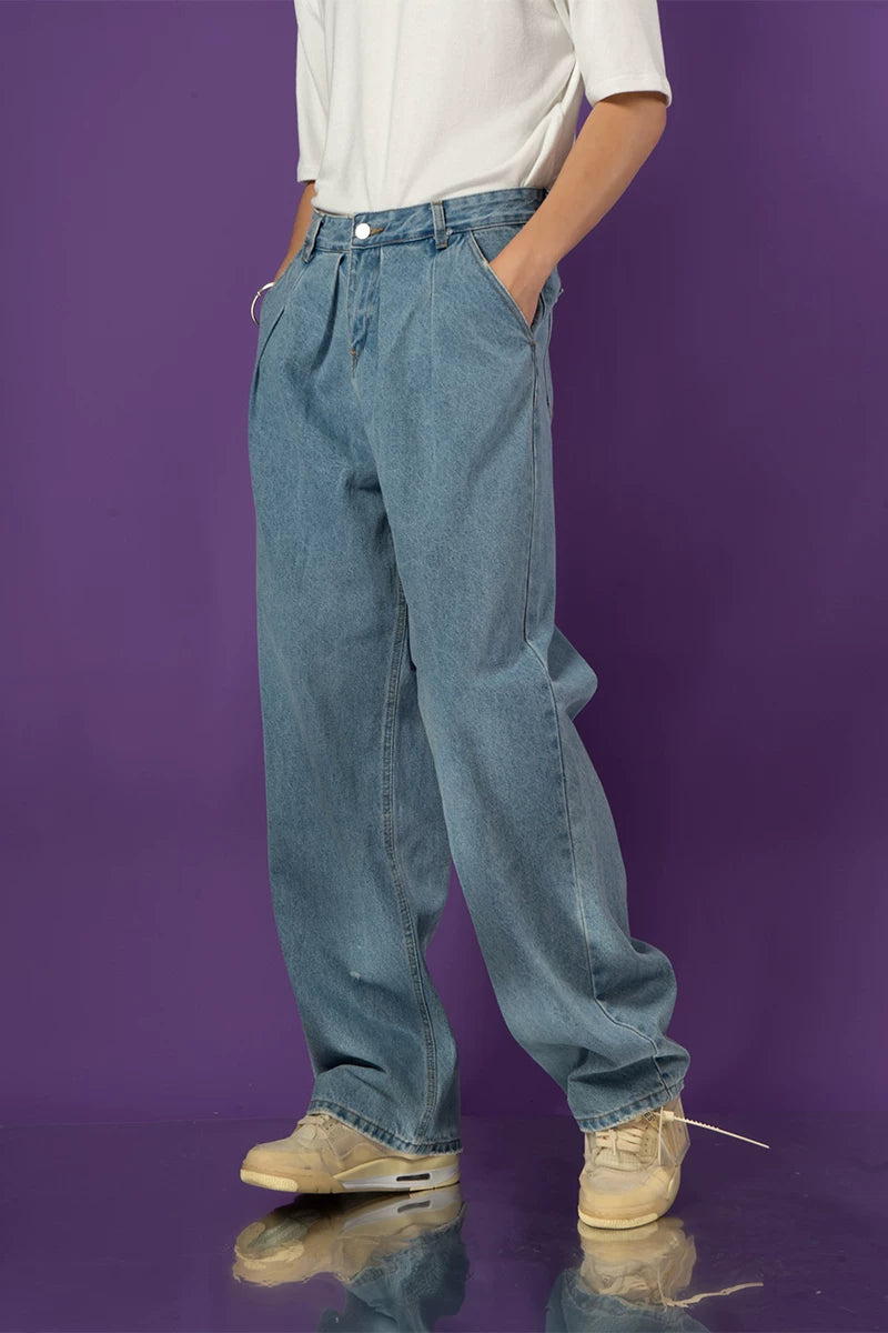 Cloudwash Pleated Barrel-Leg Jeans
