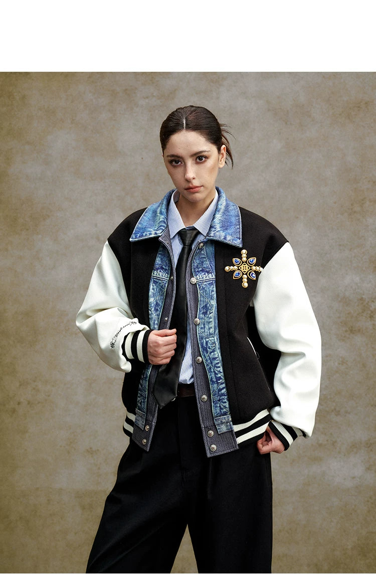 Denim Panel Embroidered Varsity Bomber Jacket