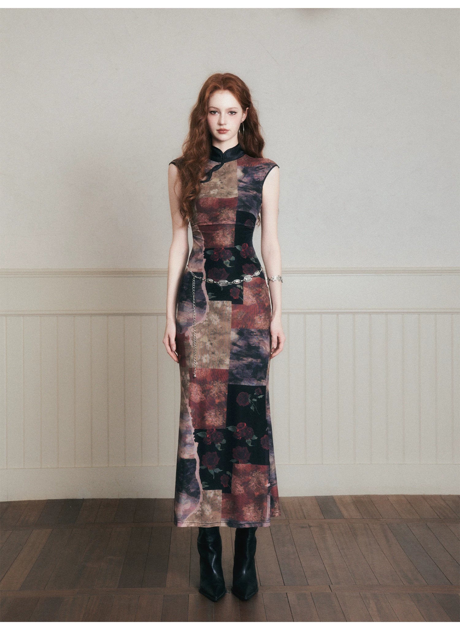 Vintage Noir Patchwork Cheongsam Maxi Dress