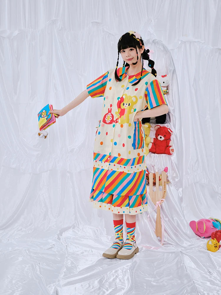 Rainbow Stripe Bear Polka Dot Dress