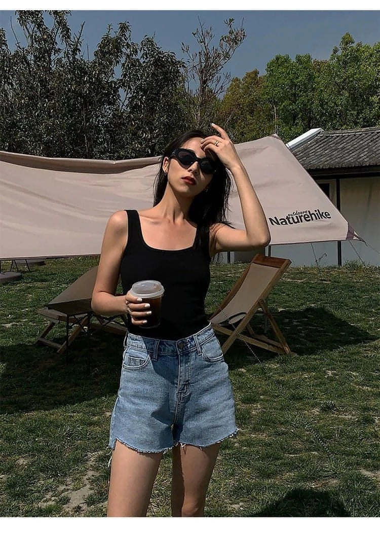 Summer Collection - Black Knitted Square Neck Camisole Top - chiclara
