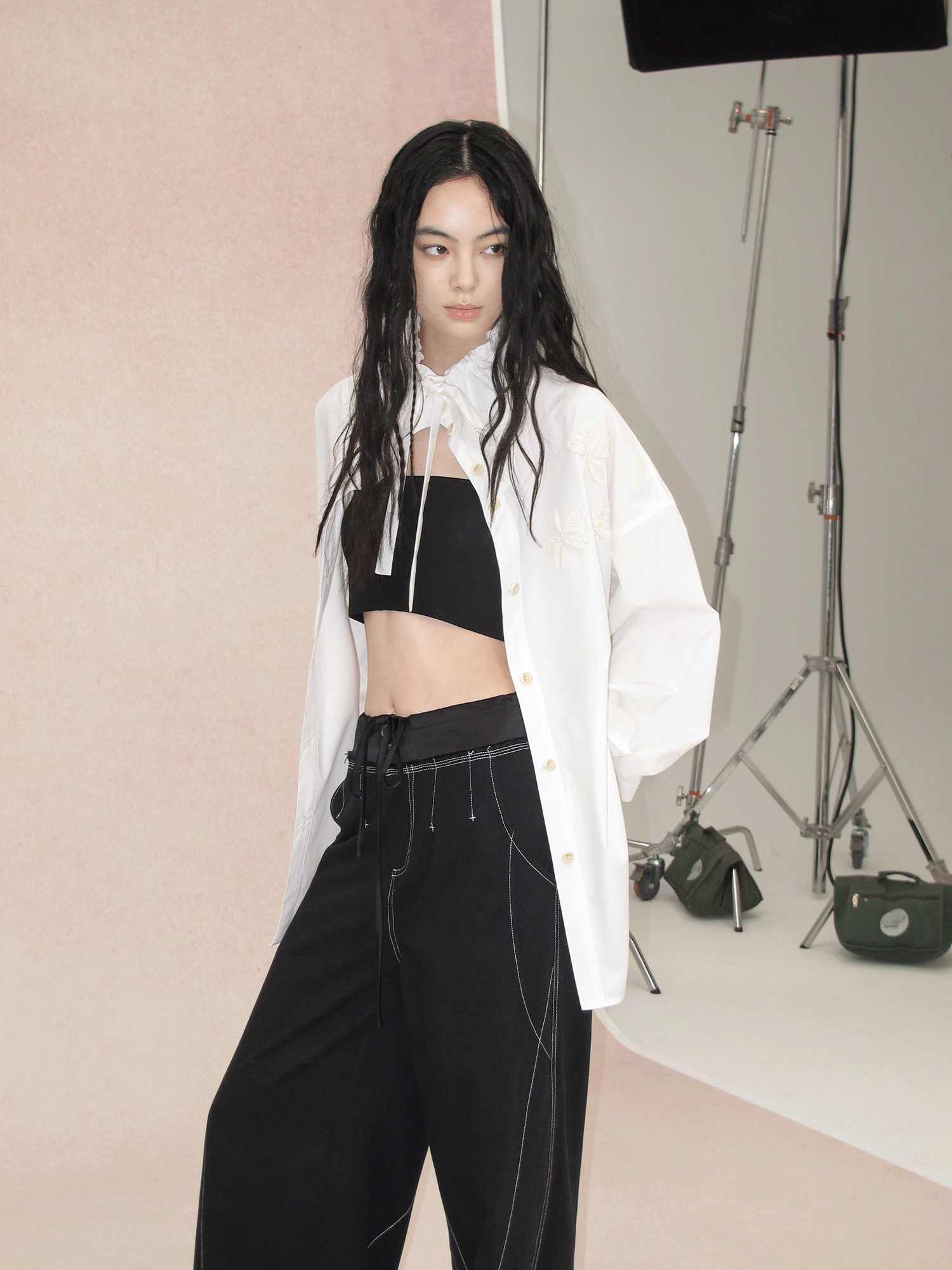 Black Contrast Stitch Wide Leg Pants