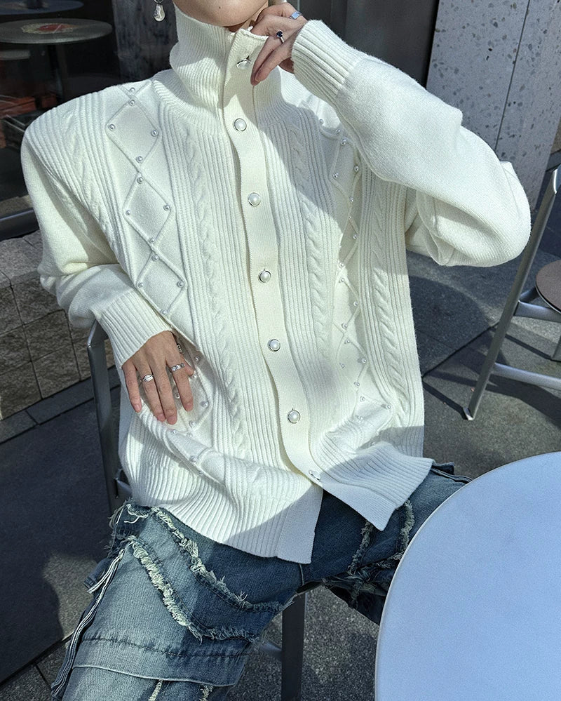 Lattice Snap-Spire Turtleneck Cardigan