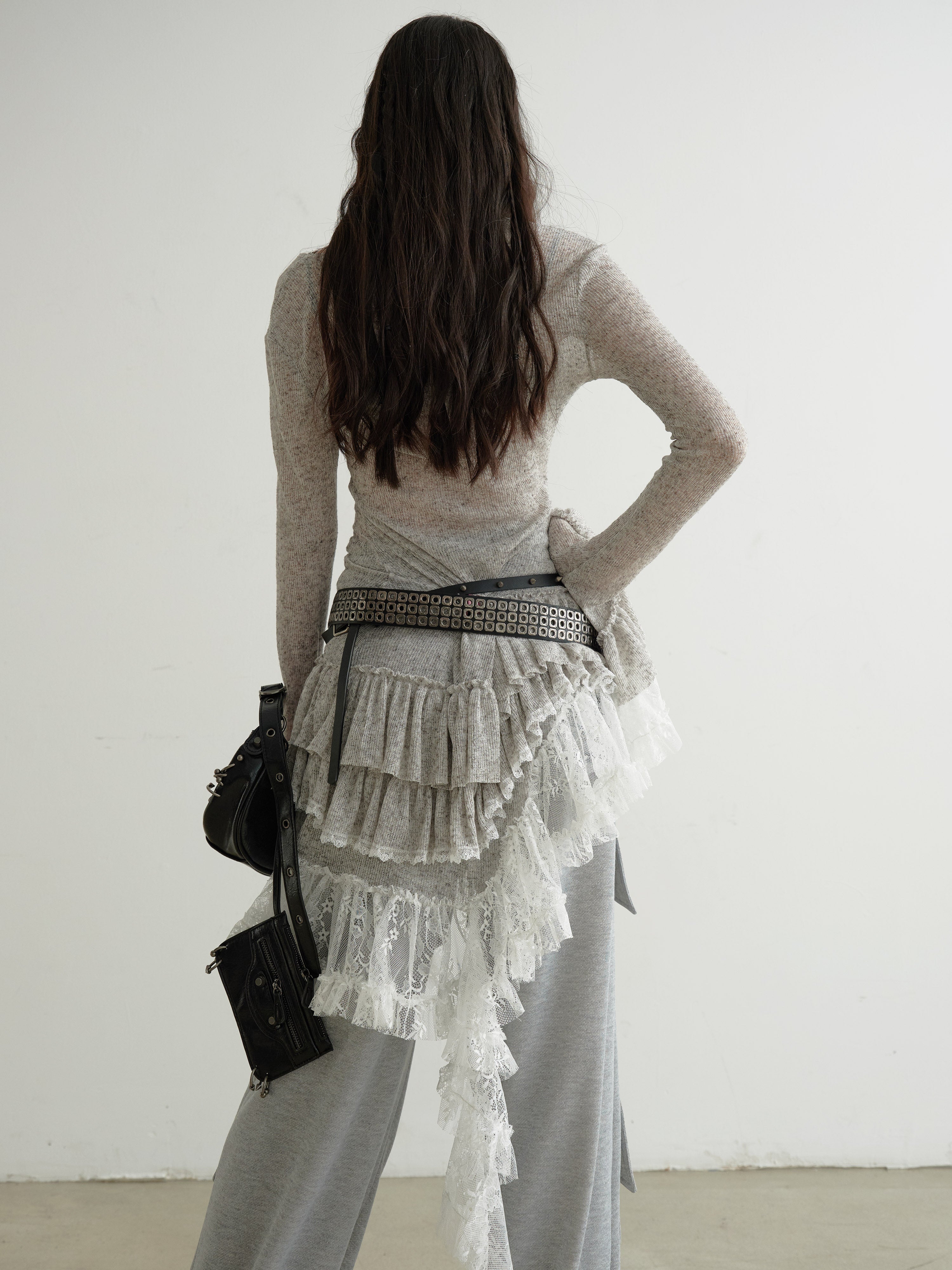 Ethereal Sheer Lace-Panel Asymmetrical Knit Dress