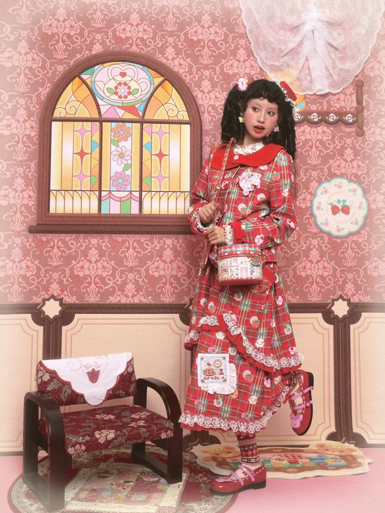 Plaid Lace Ruffle Coat and Skirt Set