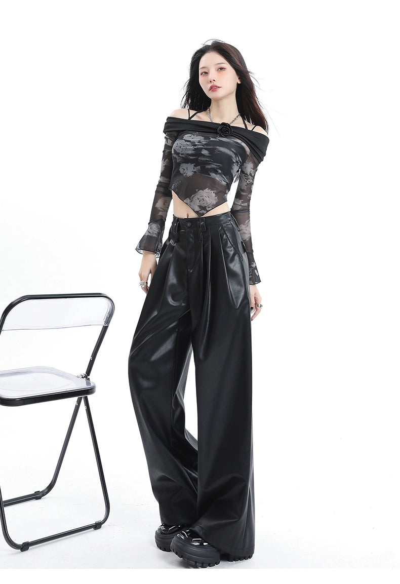 Coffee Wide-Leg Pu Leather Pants - chiclara