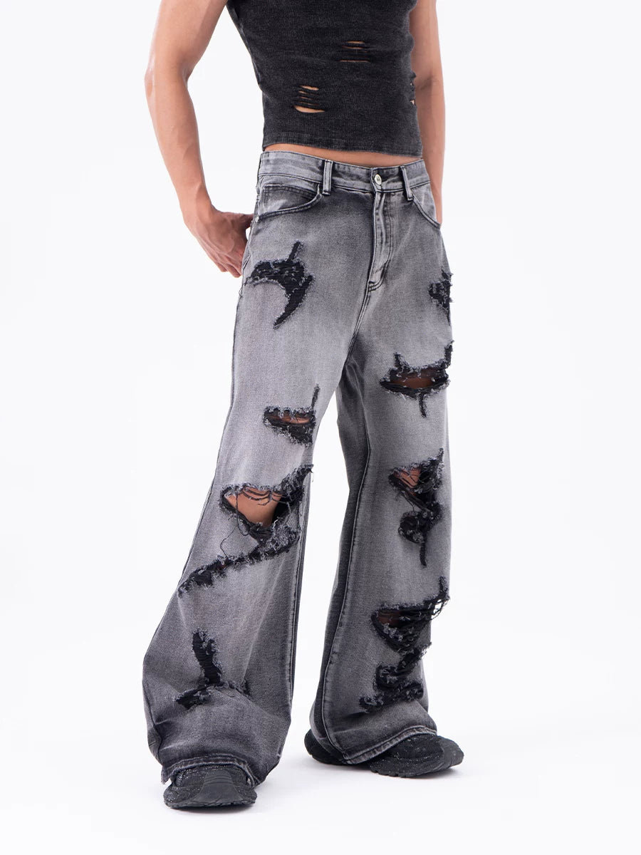 Ruin Fade Shredded Wide-Leg Jeans