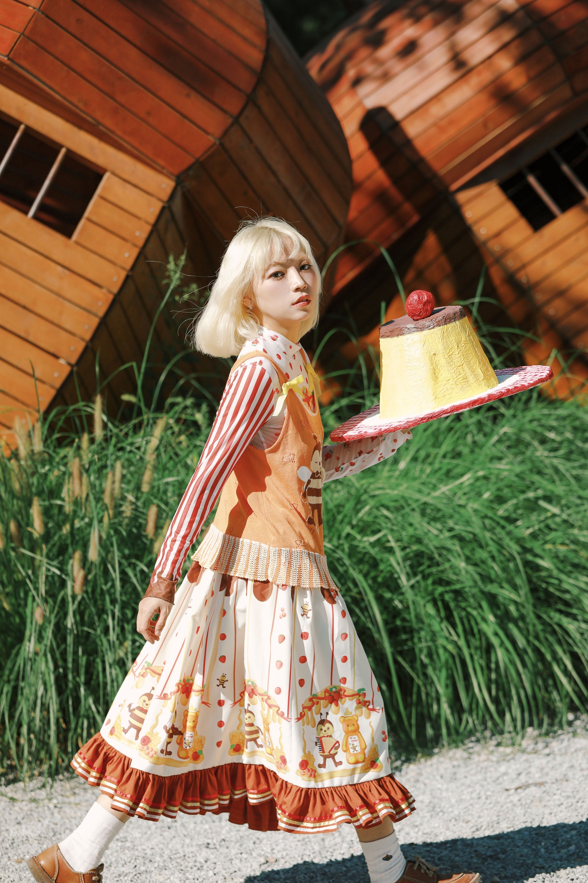 Chocolate Honey Bear Ruffle Midi Skirt