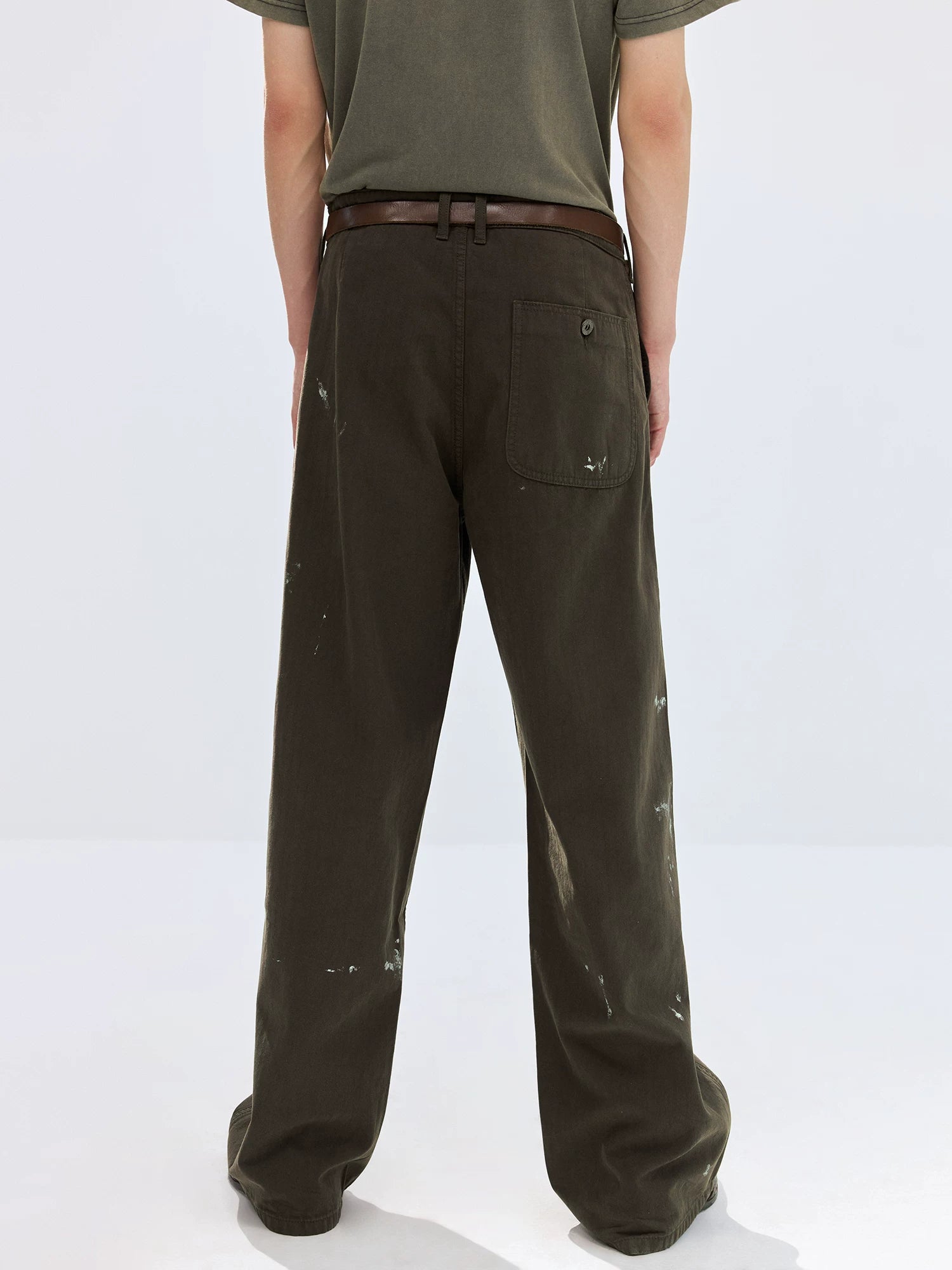 Dark Olive Paint-Splatter Straight-Leg Pants