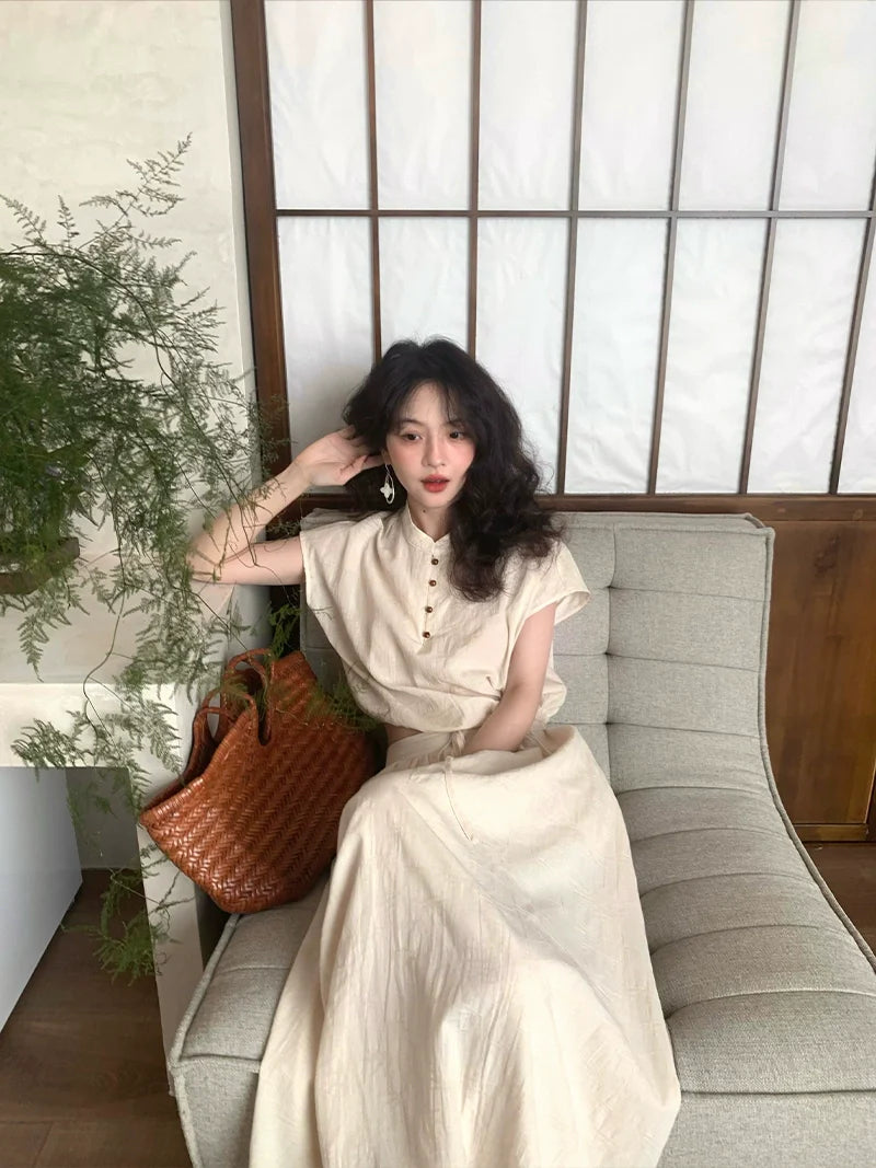 Cream Cap Sleeve Blouse and Maxi Skirt Setup