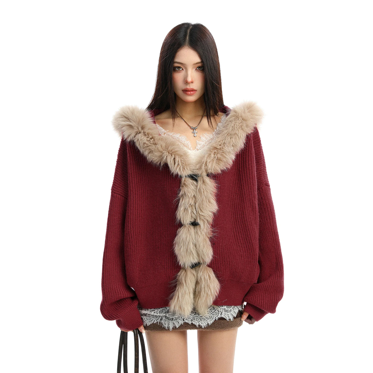 Shadow Luxe Fur-Trim Hooded Knit Cardigan