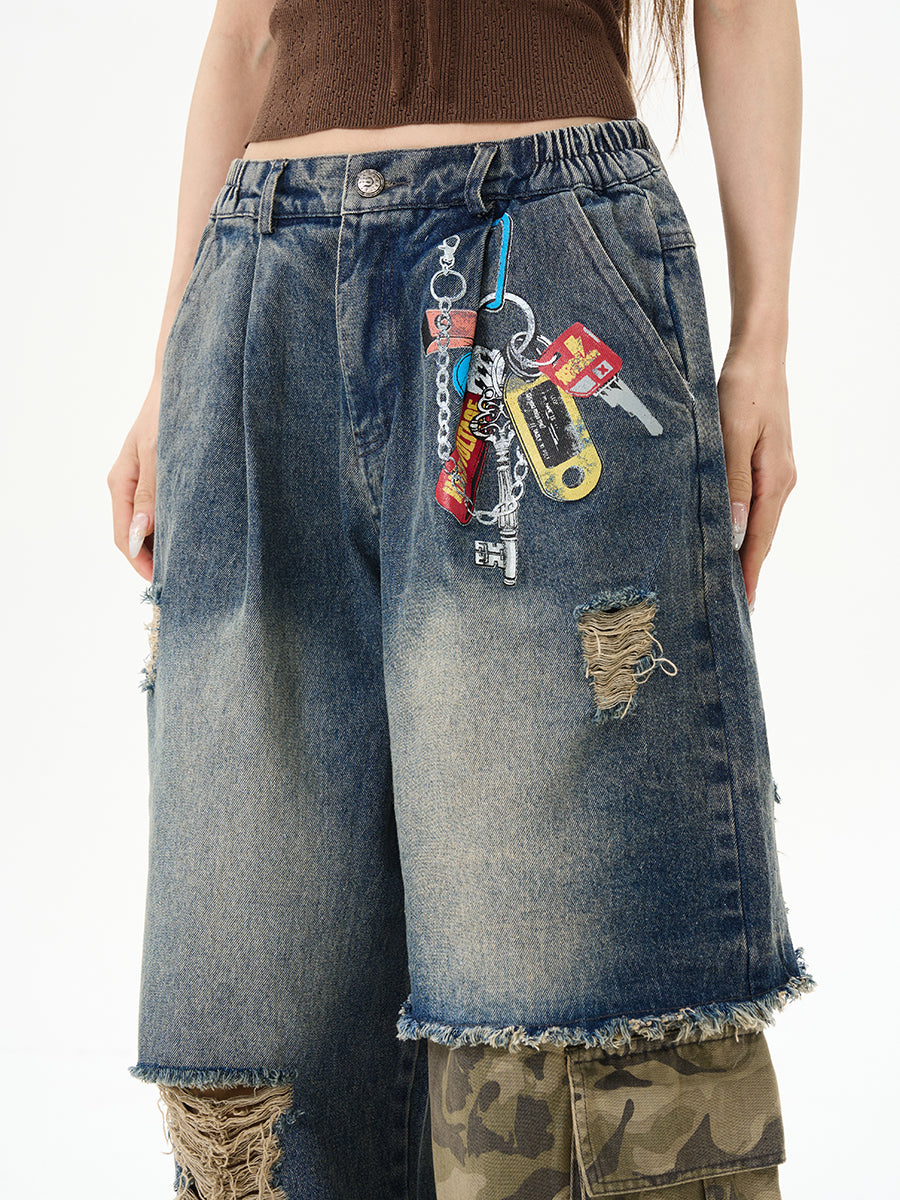 Distressed Patchwork Wide-Leg Denim Jeans